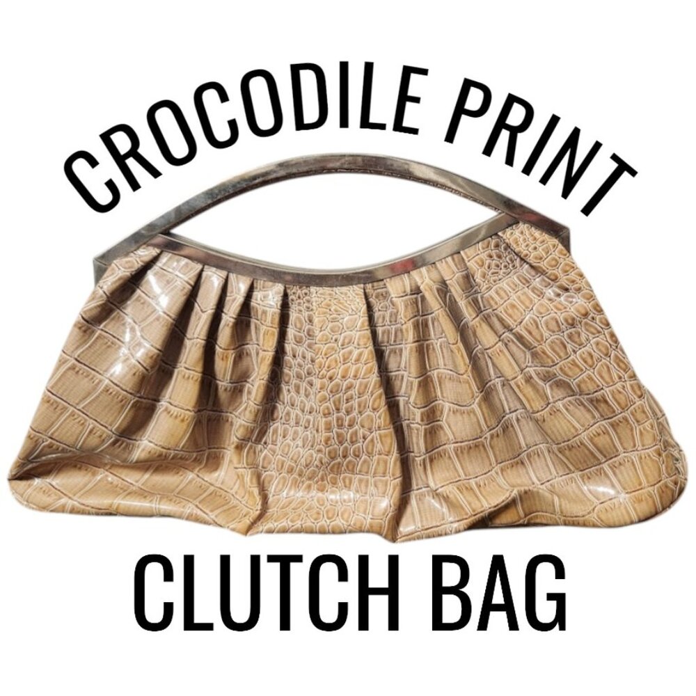 Crocodile Print Clutch Bag Purse with Metal Frame Handle Fashion Purse Beige Whi